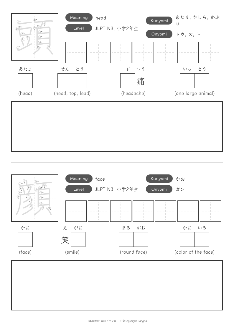 「頭」「顔」
（JLPT N3）
（小学2年生）