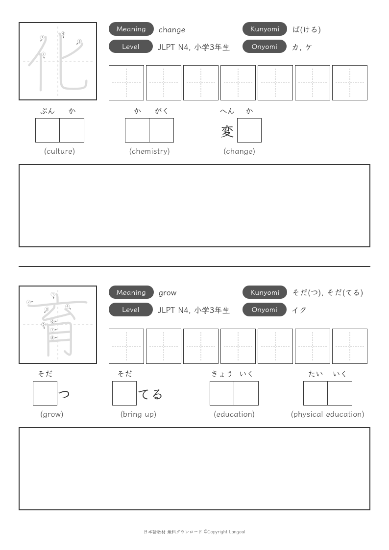 「化」「育」
（JLPT N4）
