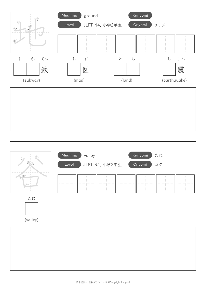「地」「谷」
（JLPT N4）