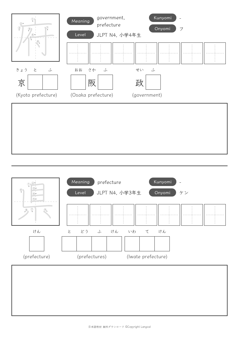 「府」「県」
（JLPT N4）