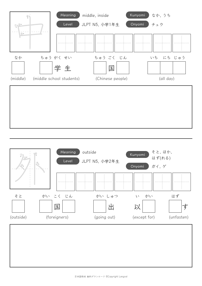 「中」「外」
（JLPT N5）
