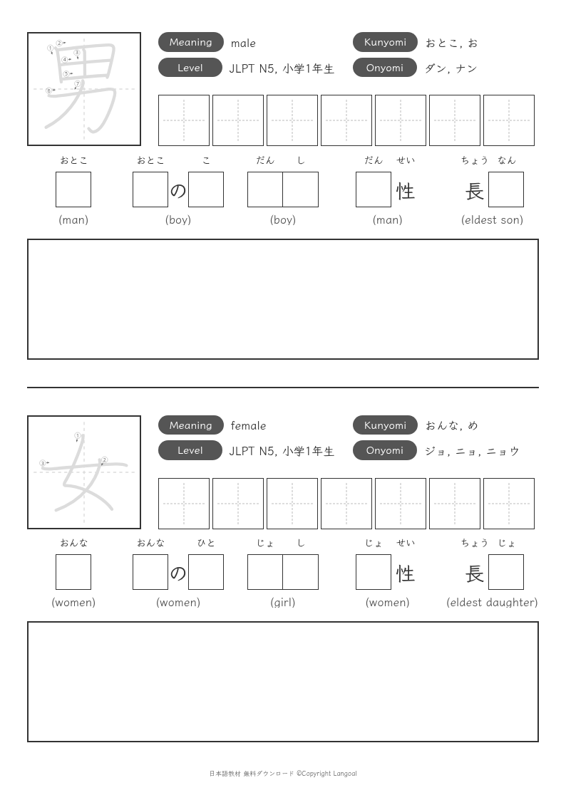 「男」「女」
（JLPT N5）
（小学1年生）