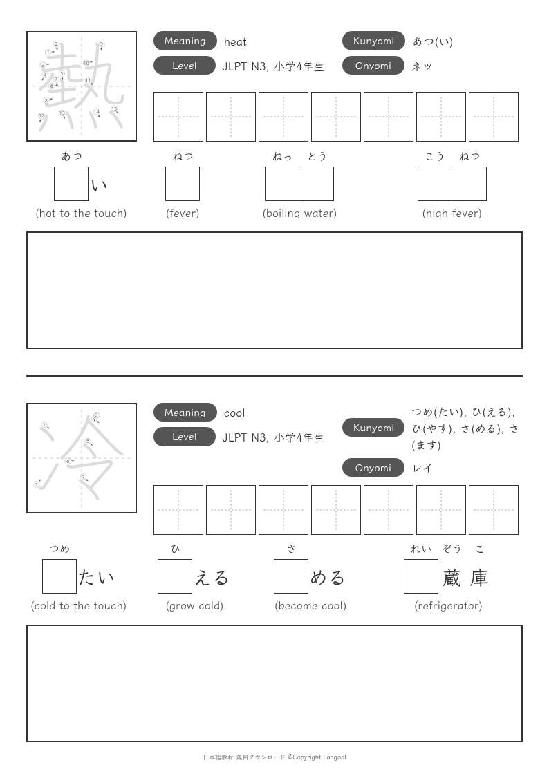 「熱」「冷」
（JLPT N3）