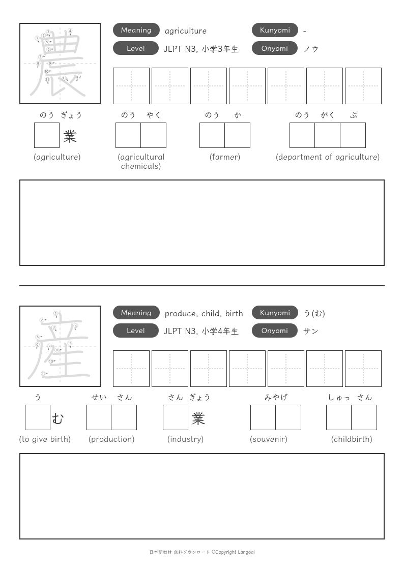 「農」「産」
（JLPT N3）