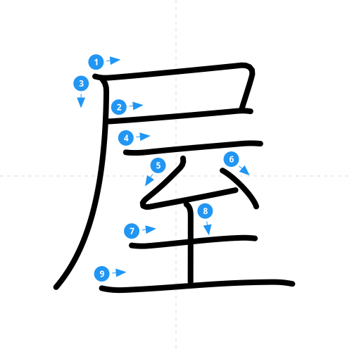 漢字「屋」の書き順